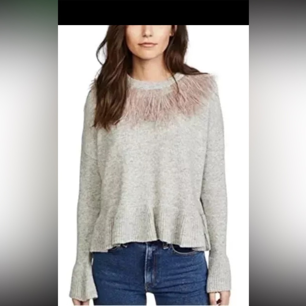 Cinq a Sept Ostrich Fur Wool Cardigan Sweater Pullover Knitted Gray Size S